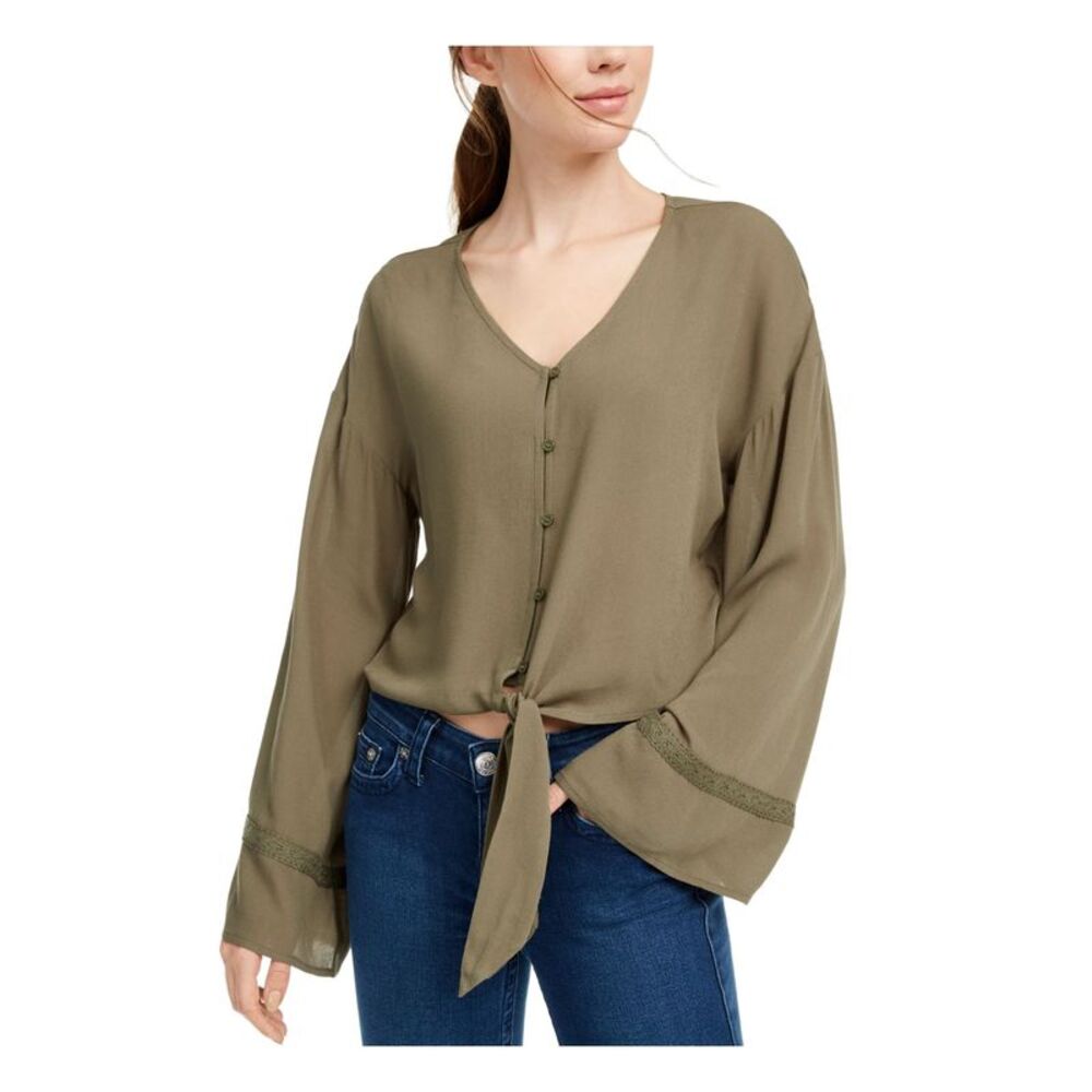 NWT FRESHMAN FOREVER Womens Green Bell Sleeve V Neck Top XS